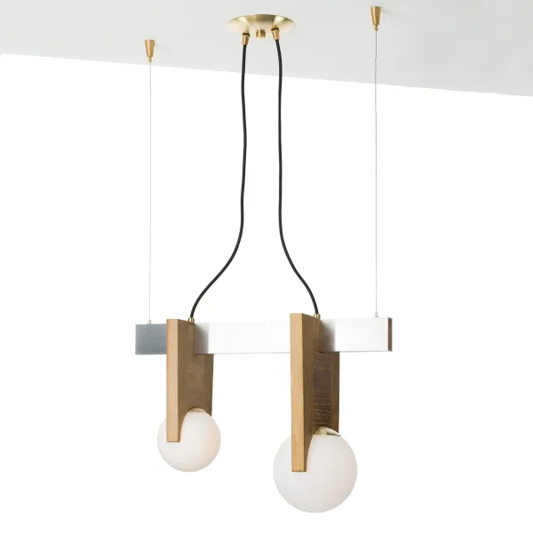 Juliette sd - Suspension en bois massif, verre opalin, laiton, aluminium